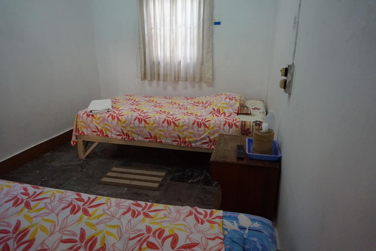 A small, simple room with two beds, a window with curtains, a small table with a plant, and a blue trash bin.