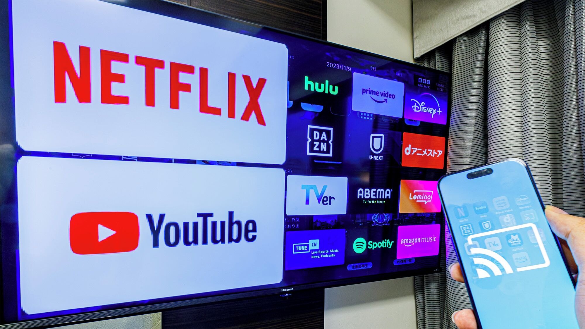 A television displaying various streaming service logos, including Netflix, Hulu, and YouTube.