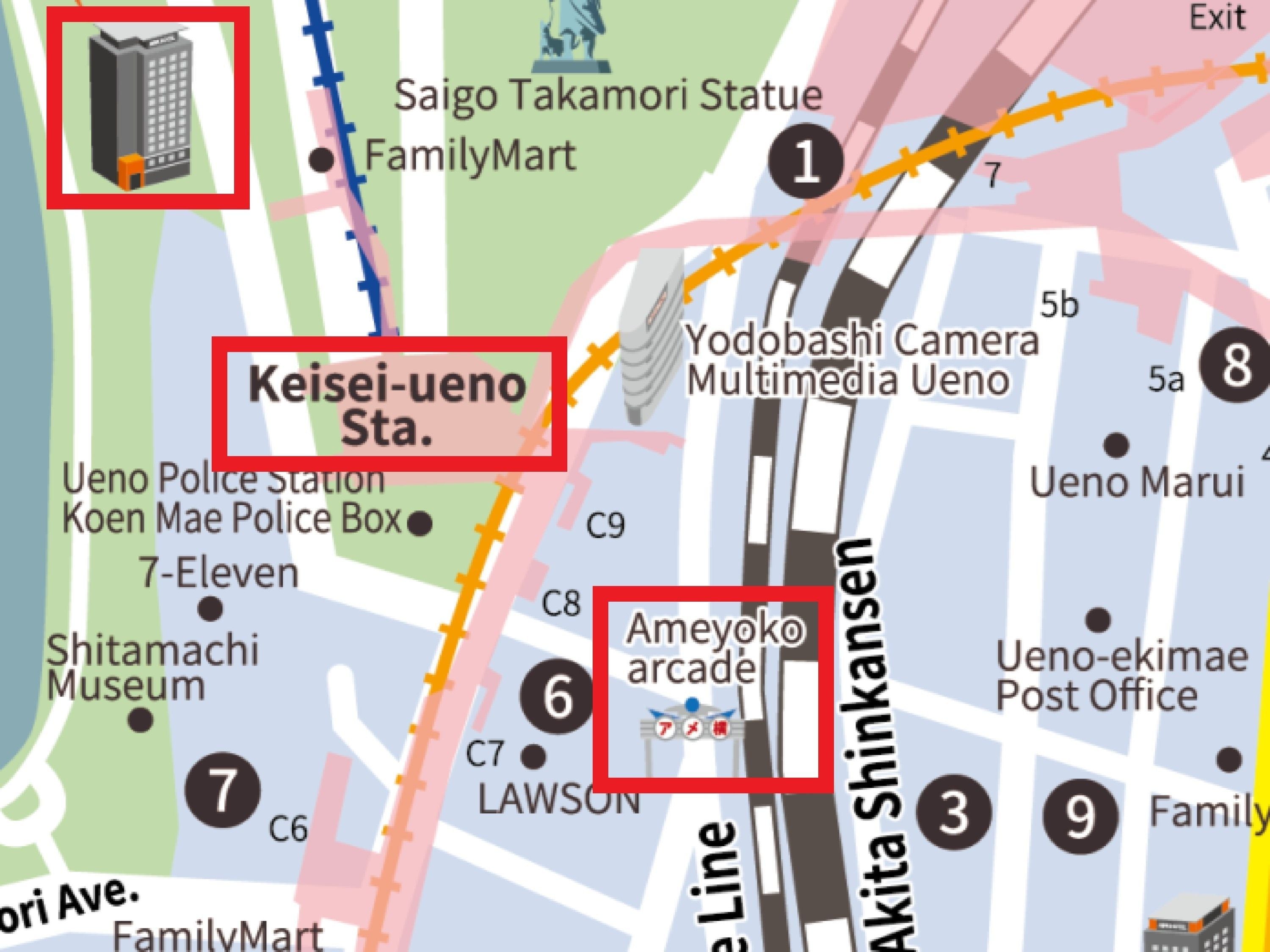 A map highlighting the Keisei-Ueno Station area with nearby landmarks like the Shitamachi Museum and FamilyMart.