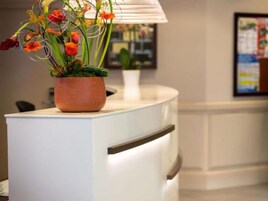 Un comptoir d’accueil agrémenté d’une plante en pot et d’un tableau encadré accroché au mur.