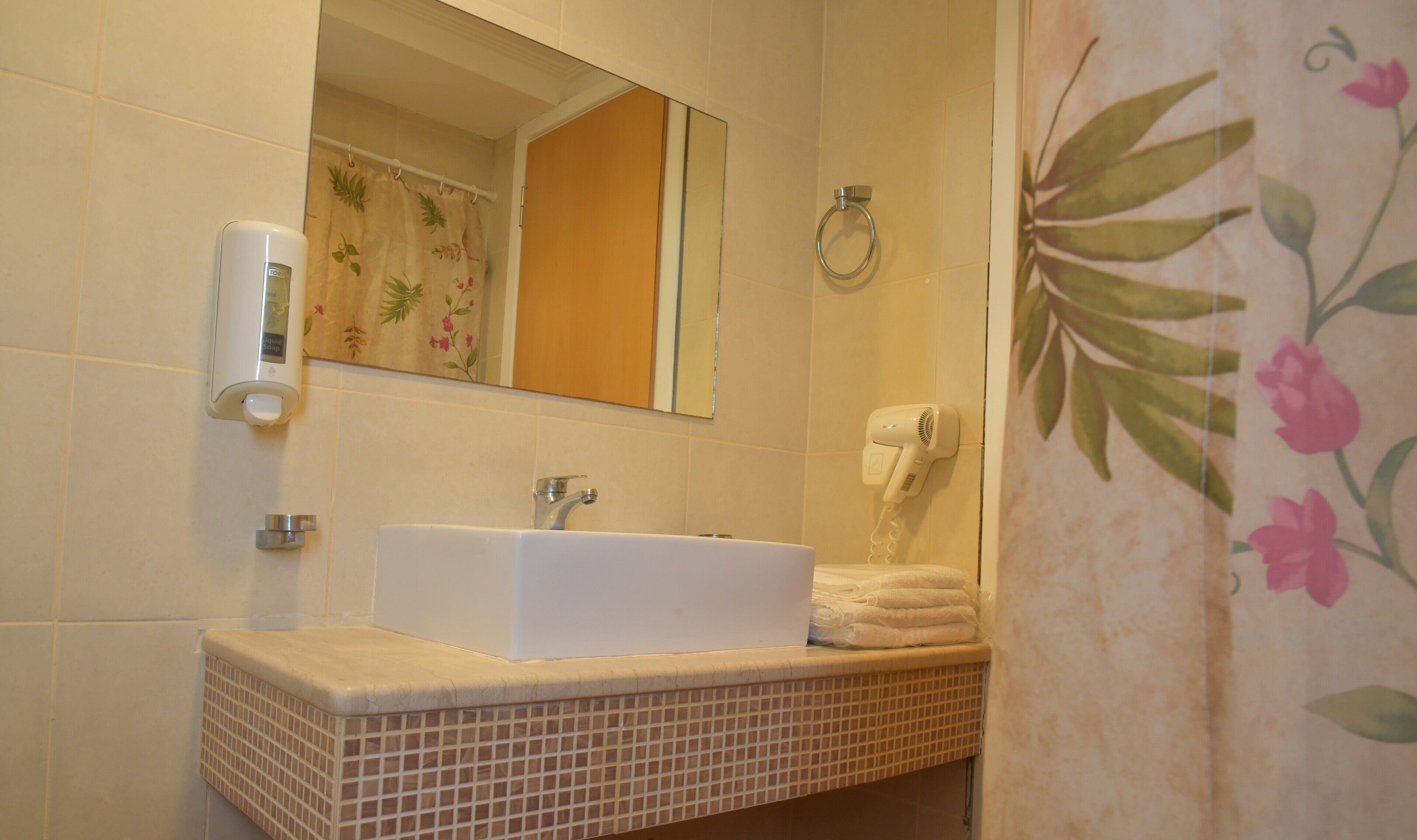 A bathroom with a white sink, a mirror, a towel rack, and a hairdryer.
