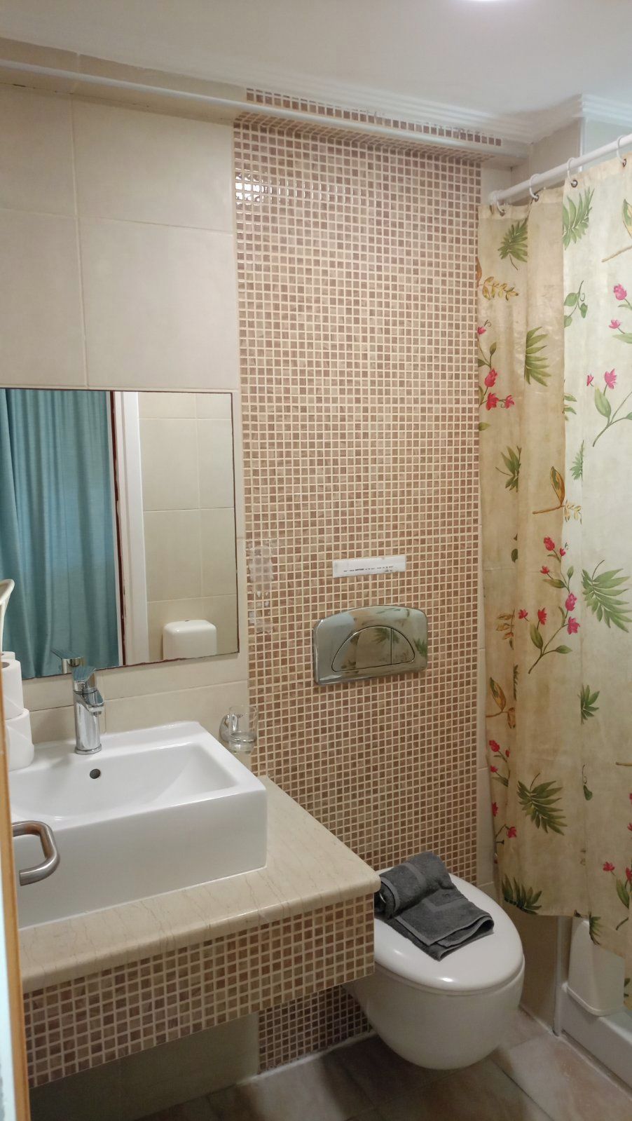 Een badkamer met een wastafel, toilet en douchegordijn.