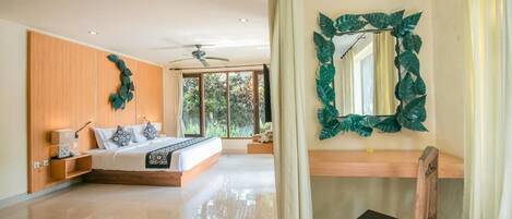 A modern bedroom with a bed, bedside tables, a wooden wardrobe, a ceiling fan, and a large window with curtains.