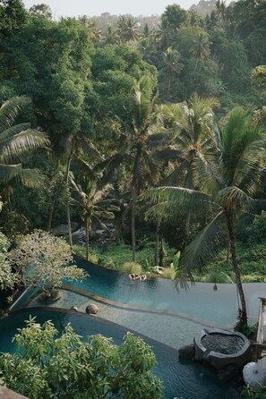 A serene pool area surrounded by lush greenery and palm trees, with a small waterfall feature. - Bucu View Ubud Resort (Ubud)