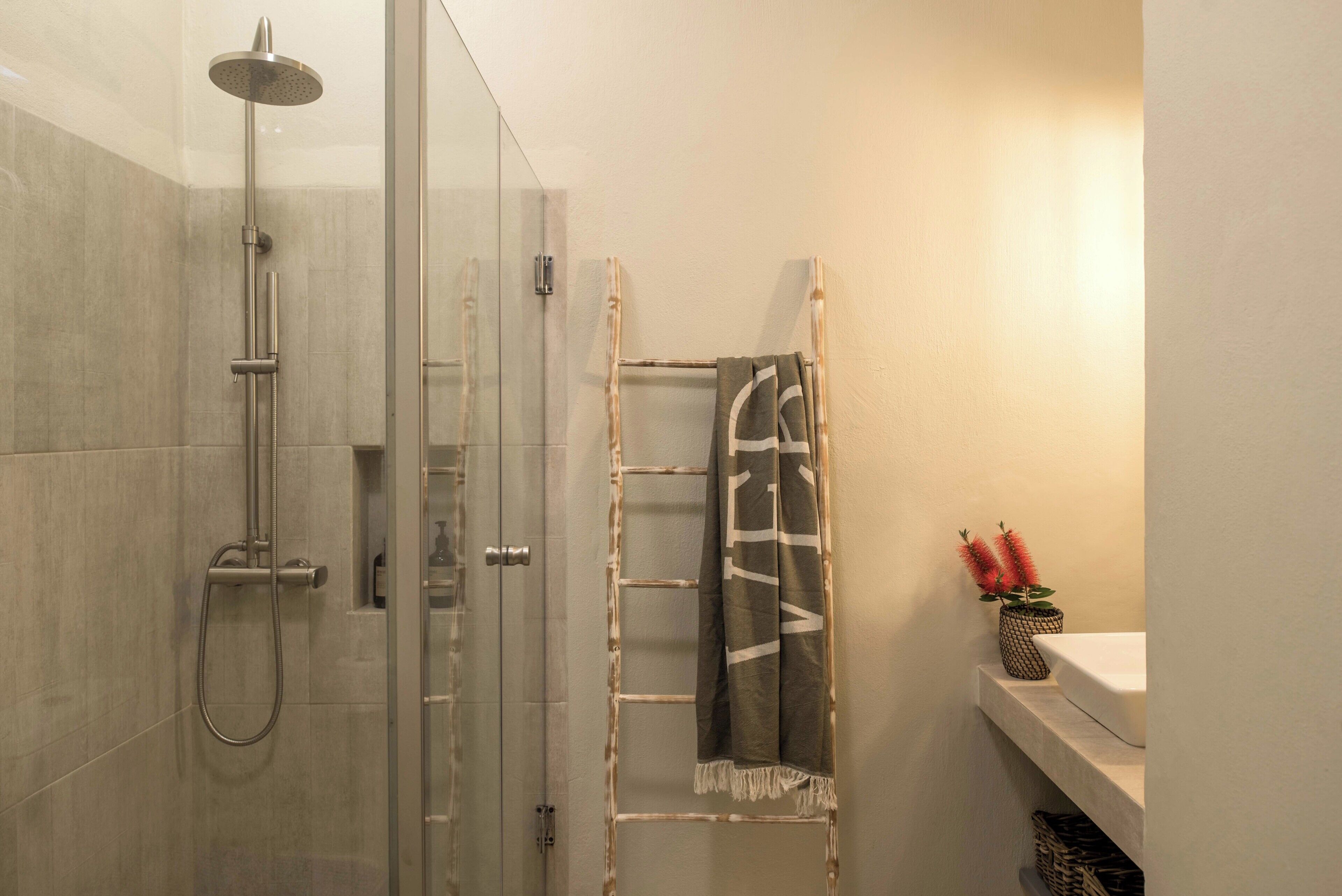Un baño moderno con cabina de ducha de vidrio, un perchero y una pequeña planta en maceta.
