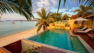 Outdoor pool, pool umbrellas, pool loungers