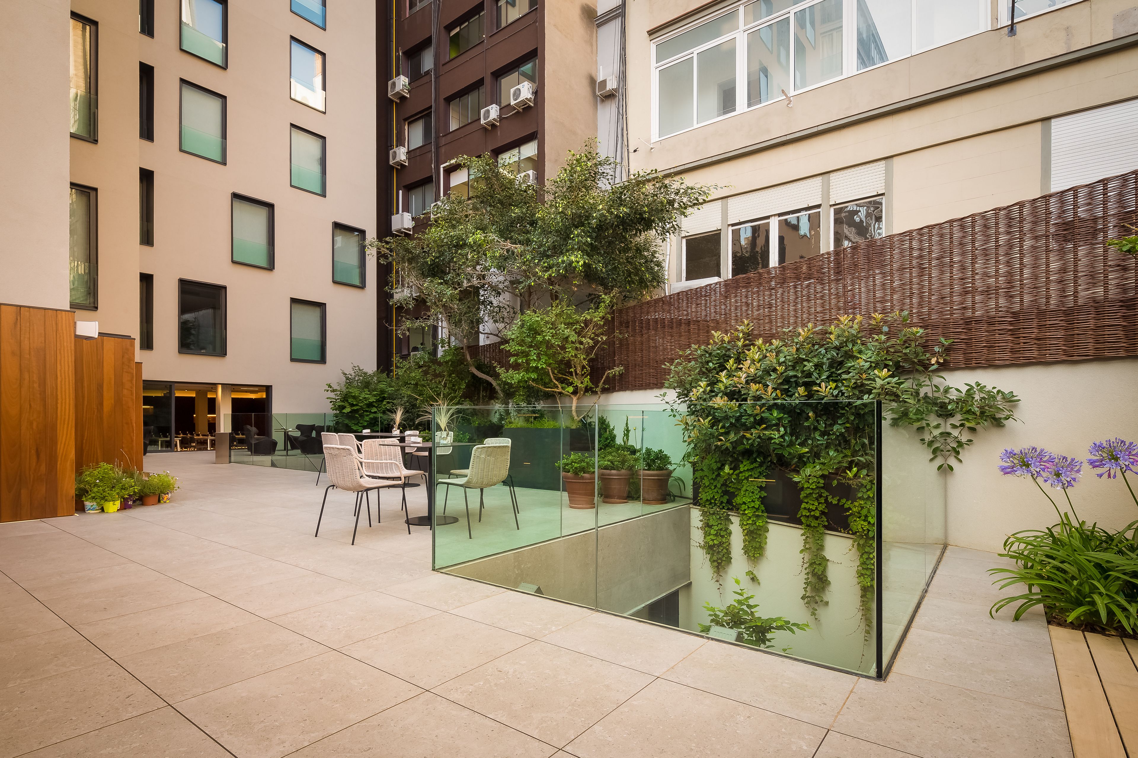 Un espacio exterior moderno con separador de vidrio, mobiliario y plantas en macetas.