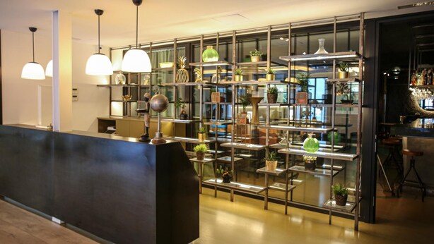 Een moderne receptie met een glazen scheiding, hanglampen en planken met planten en decoratieve objecten.