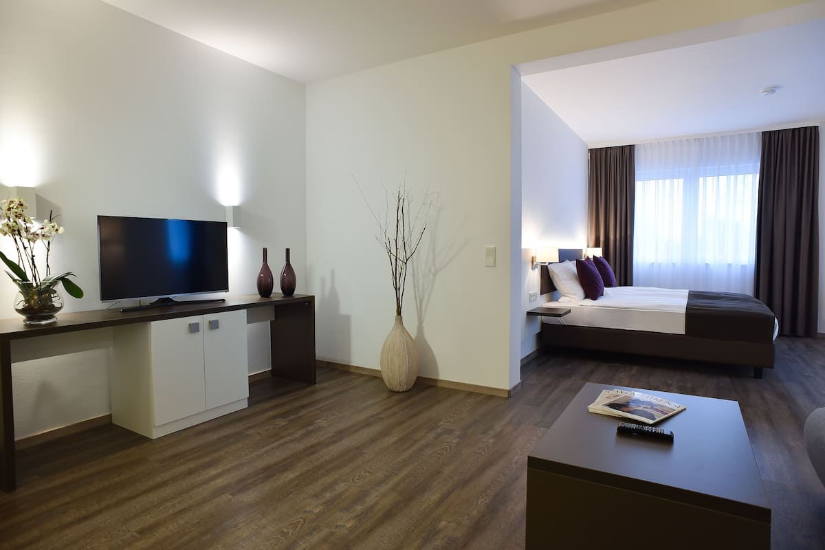 A modern hotel room with a flat-screen TV, a large bed with dark bedding, a bedside table, and a large window with curtains.