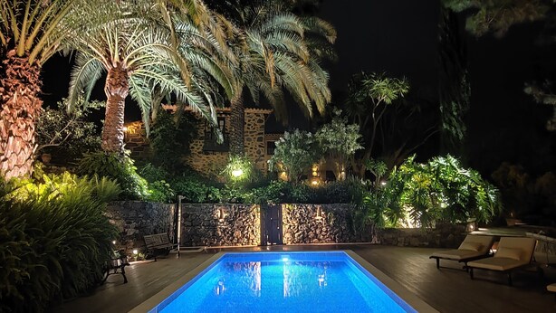 A nighttime swimming pool with surrounding palm trees and a stone wall. - Casa Rural El Borbullón (Teror)