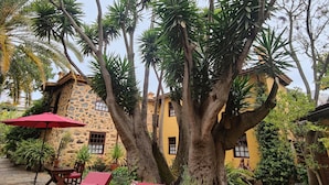A courtyard with lounge chairs, a stone building, and tropical plants. - Casa Rural El Borbullón (Teror)
