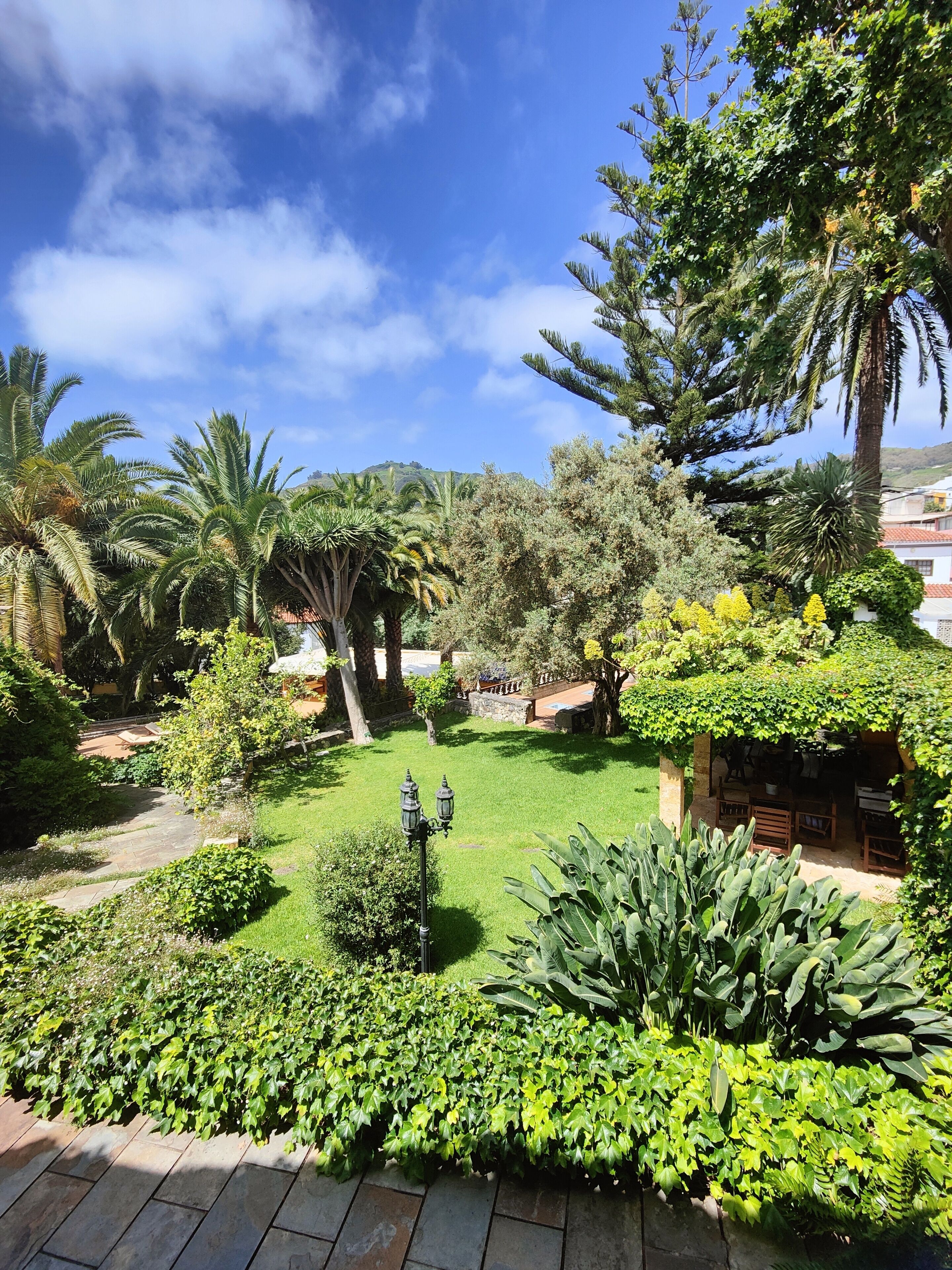 A lush garden with various plants and a gazebo.