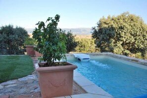 Outdoor pool, pool umbrellas, pool loungers