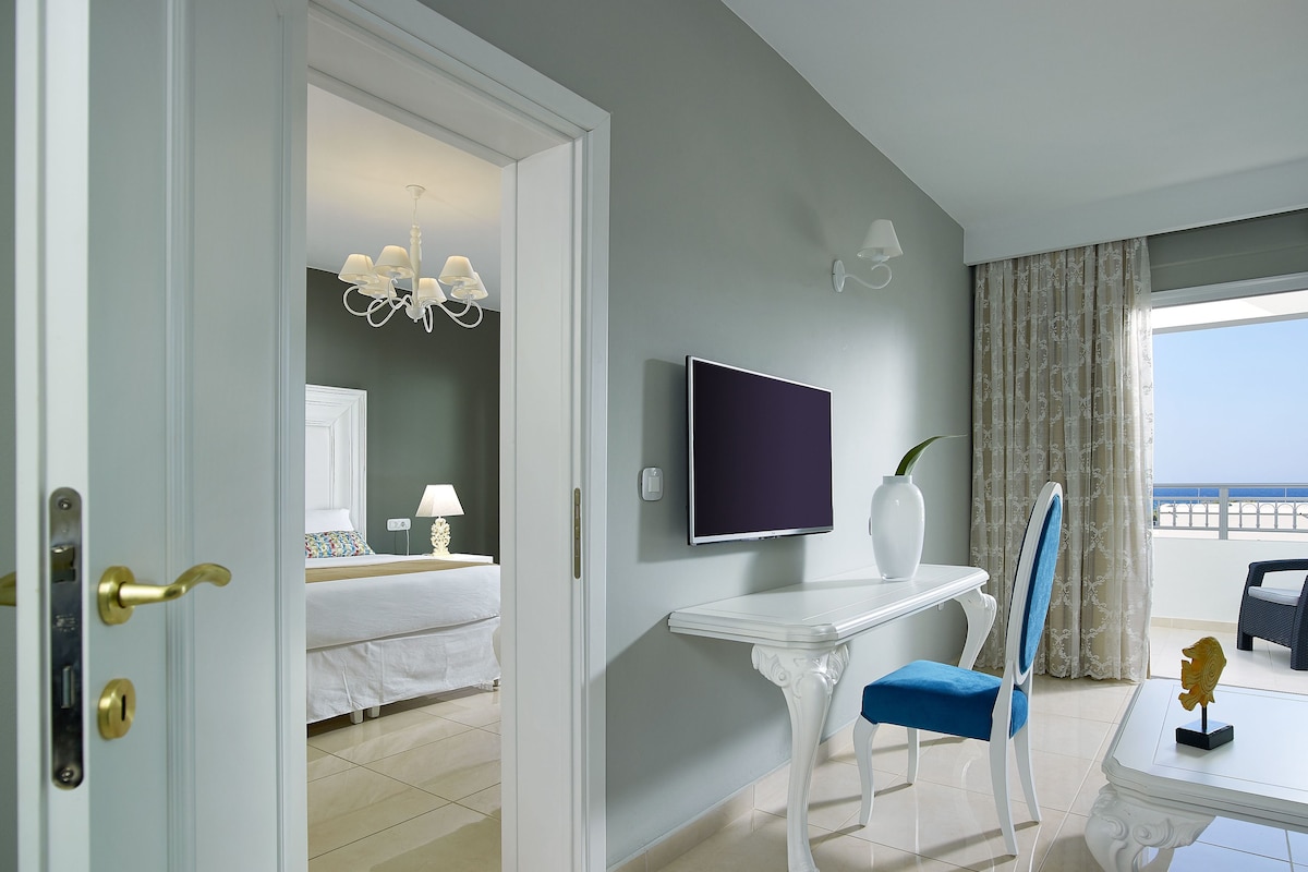 A hotel room with a bed, a TV, a desk, a chair, and a view of the sea.
