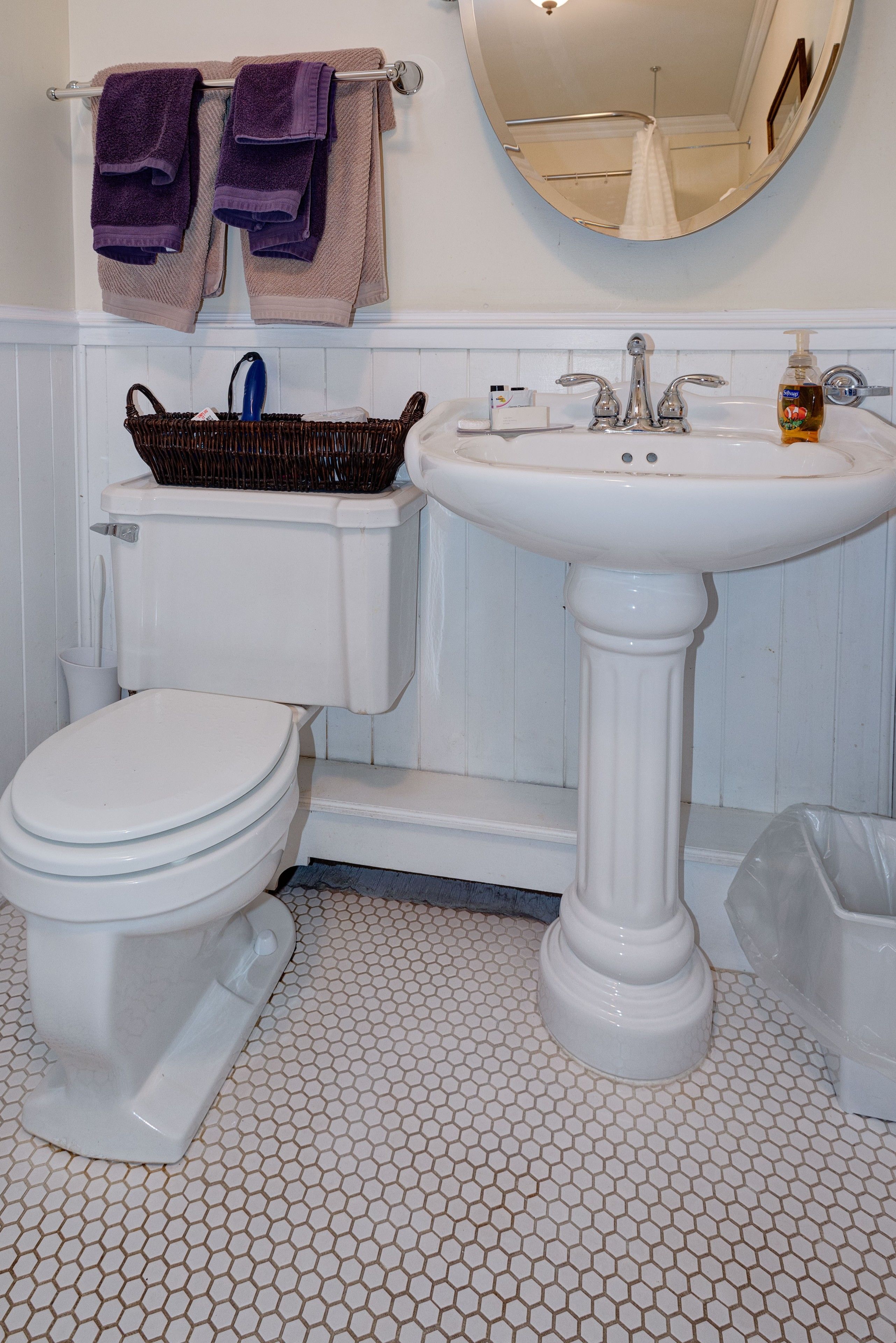 A bathroom with a white toilet, a pedestal sink, and a mirror above the sink.
