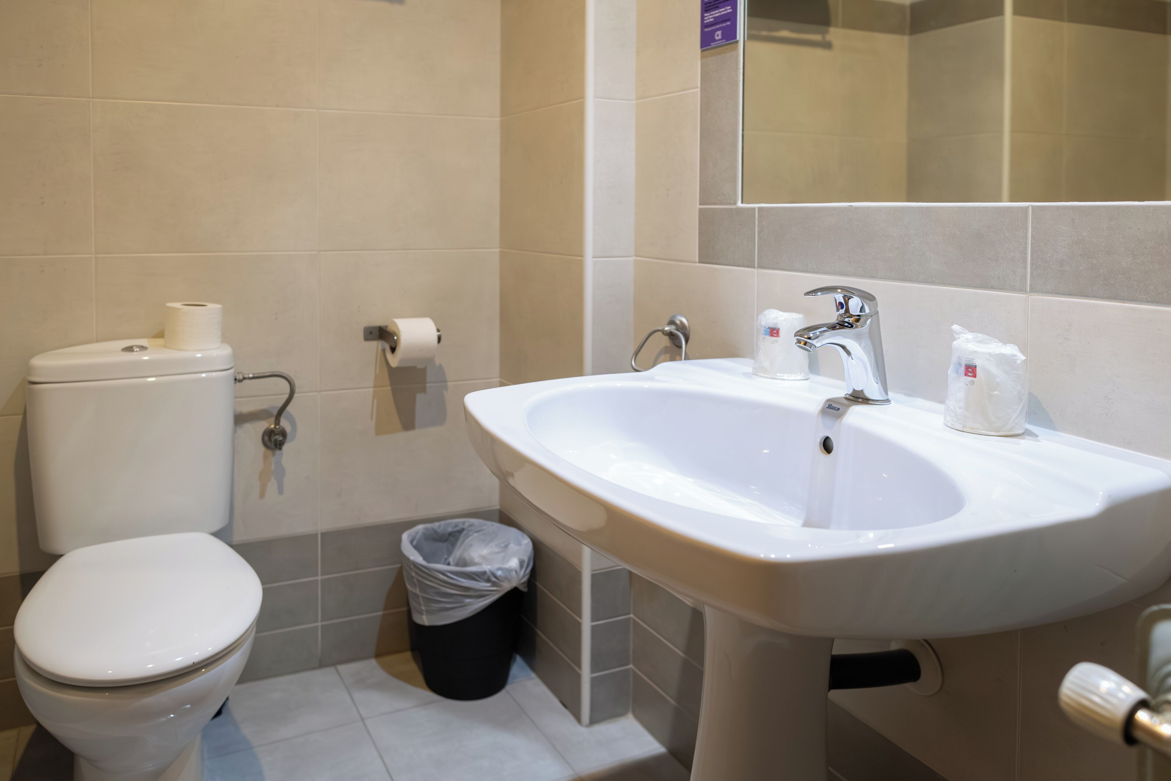 Un baño con inodoro, lavamanos y cubo de basura.