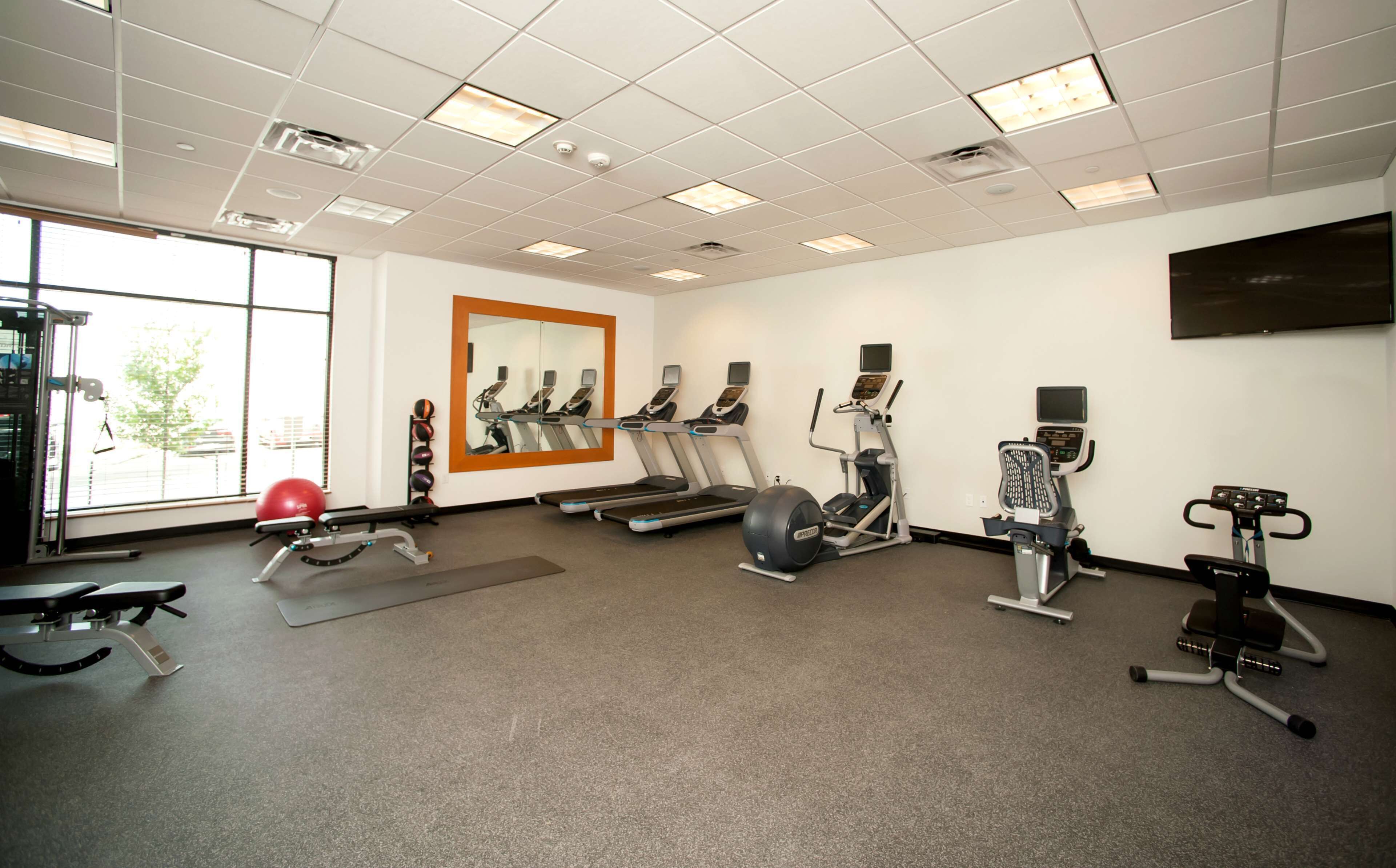 A gym with treadmills, elliptical machines, a stationary bike, and a rowing machine.