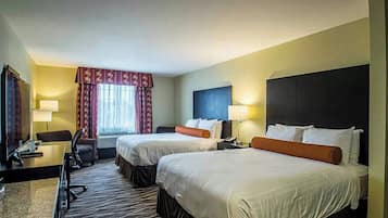 Premium bedding, pillowtop beds, desk, laptop workspace