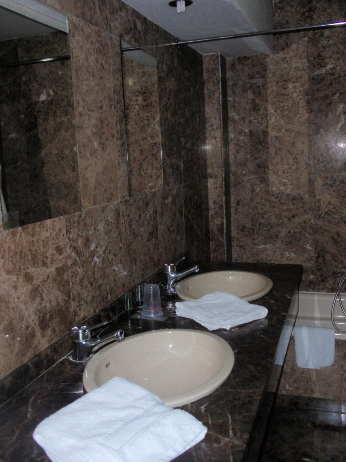 A bathroom with two sinks, a mirror, and a towel rack.