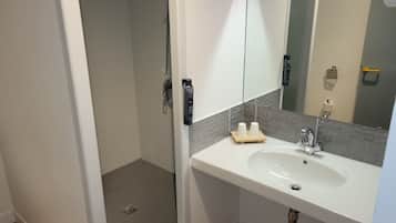 A bathroom with a white sink, a mirror, and a shower area.