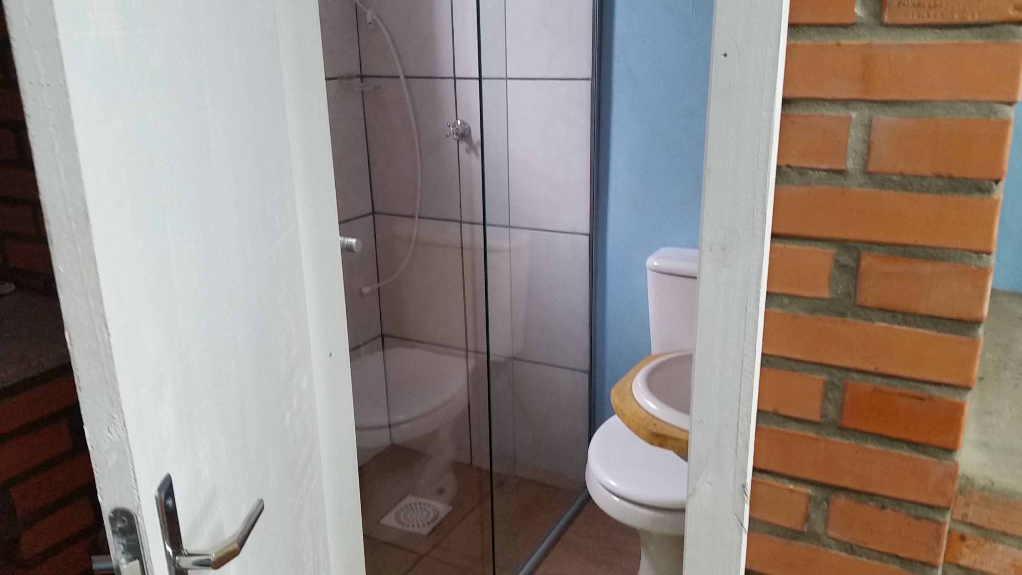 A bathroom with a white toilet, a glass shower enclosure, and a door with a metal handle.