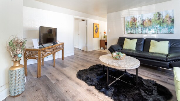 A modern living room with a black leather sofa, a round coffee table, a wooden dining table, and a TV. - Bright & Spacious One Bedroom Apartment (Oakland)