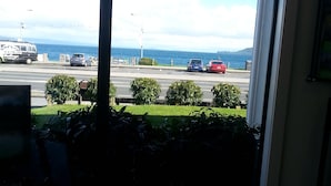 Blick durch ein Fenster auf eine Straße mit parkenden Autos, eine Straße und ein Gewässer in der Ferne.