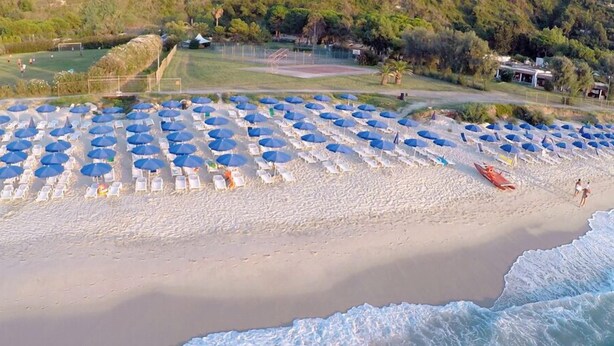 A beach with rows of white lounge chairs and blue umbrellas. - Sabbie Bianche (Parghelia)