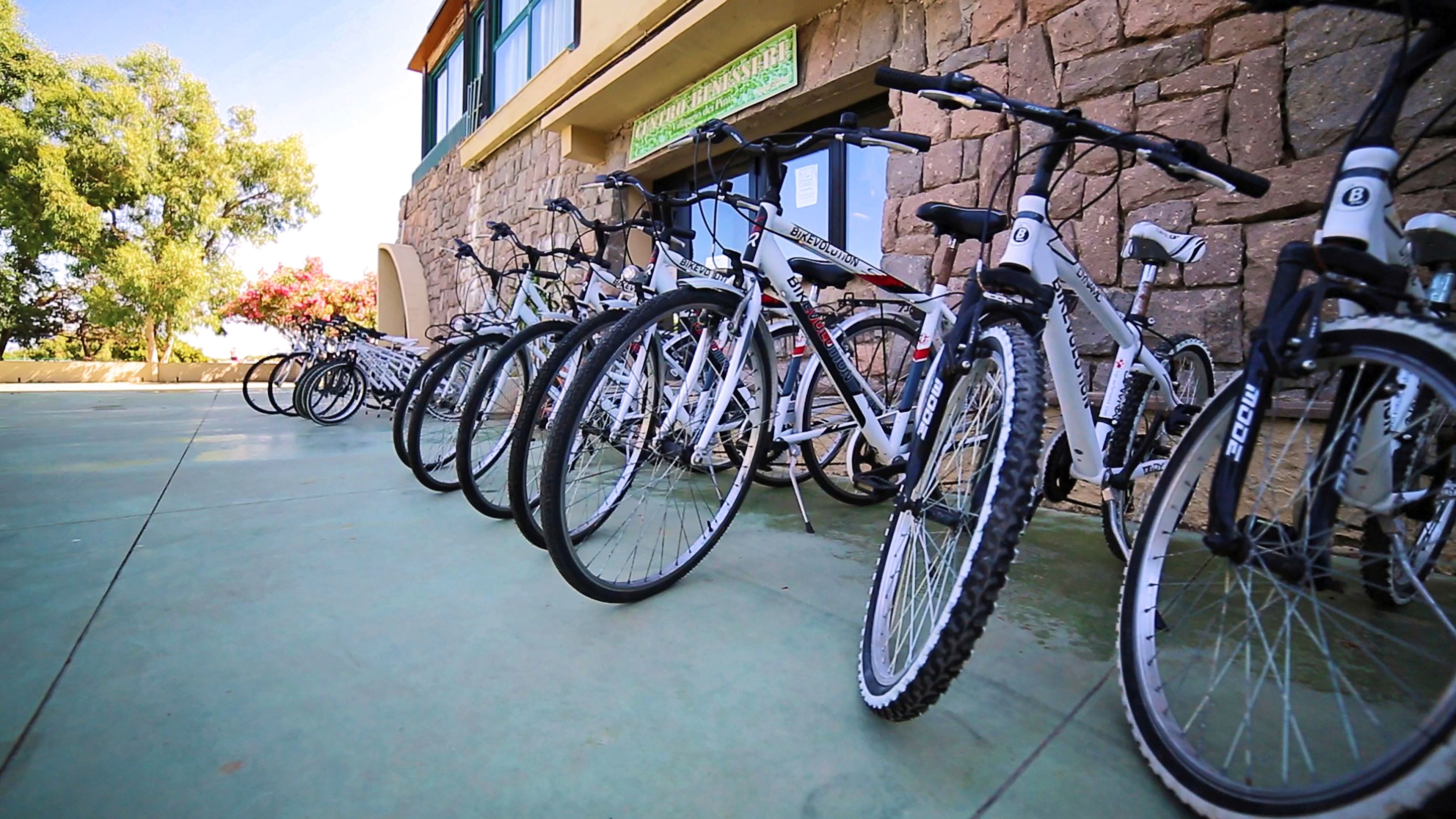 Varias bicicletas aparcadas frente a un edificio de fachada de piedra.