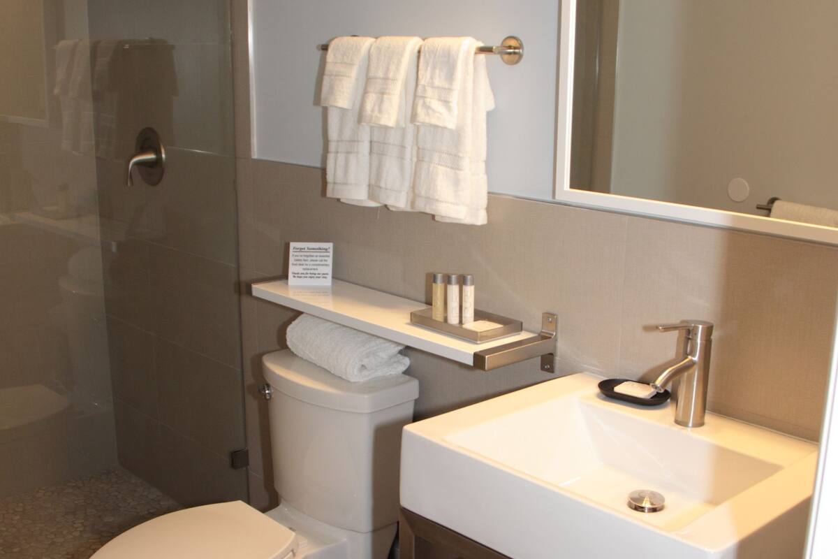 Un baño con ducha, inodoro, lavabo y espejo.
