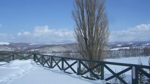 A snow-covered landscape with a metal fence and a leafless tree. - Cottage Ken&Mary (Biei)