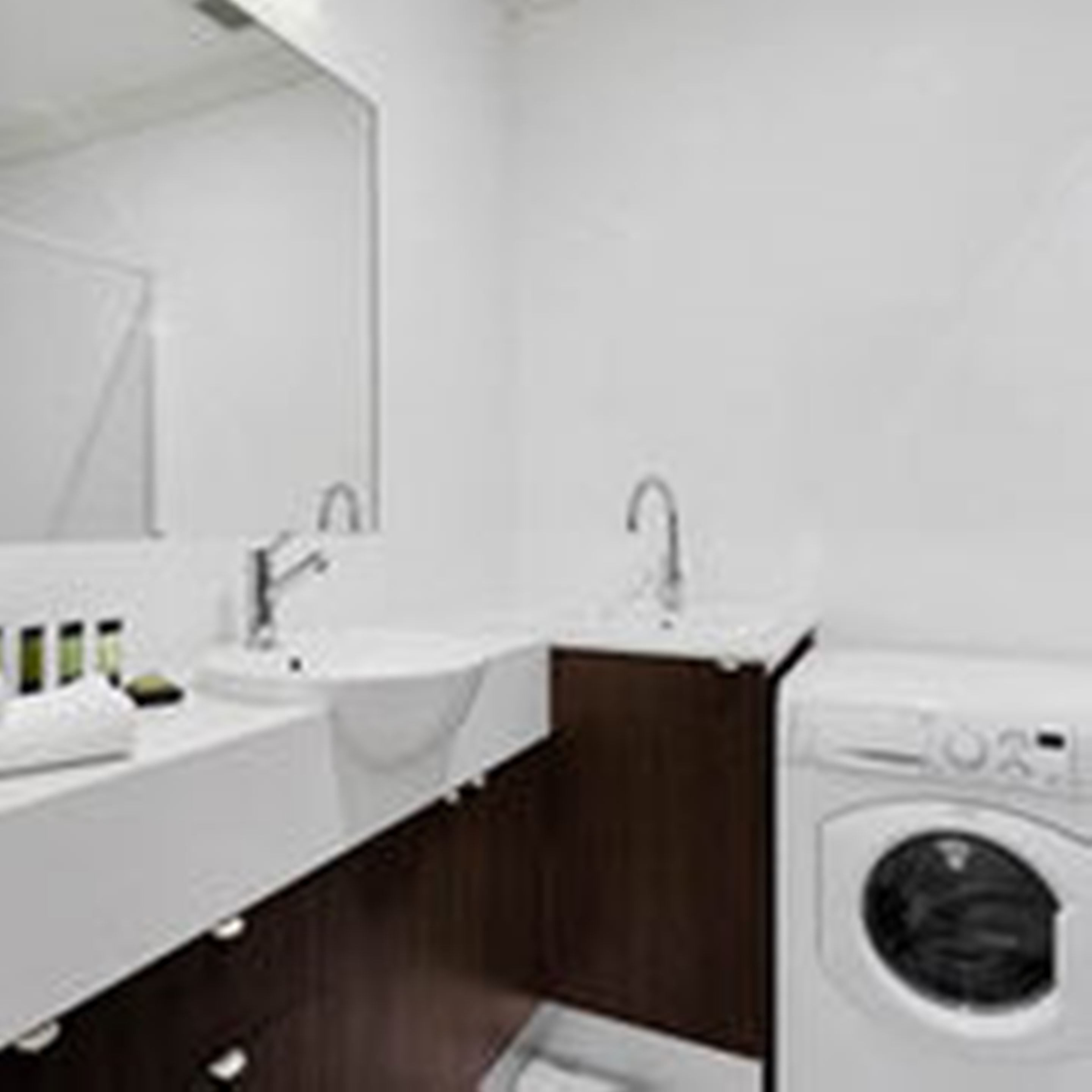 A modern bathroom with a double sink, a mirror, and a built-in washing machine.