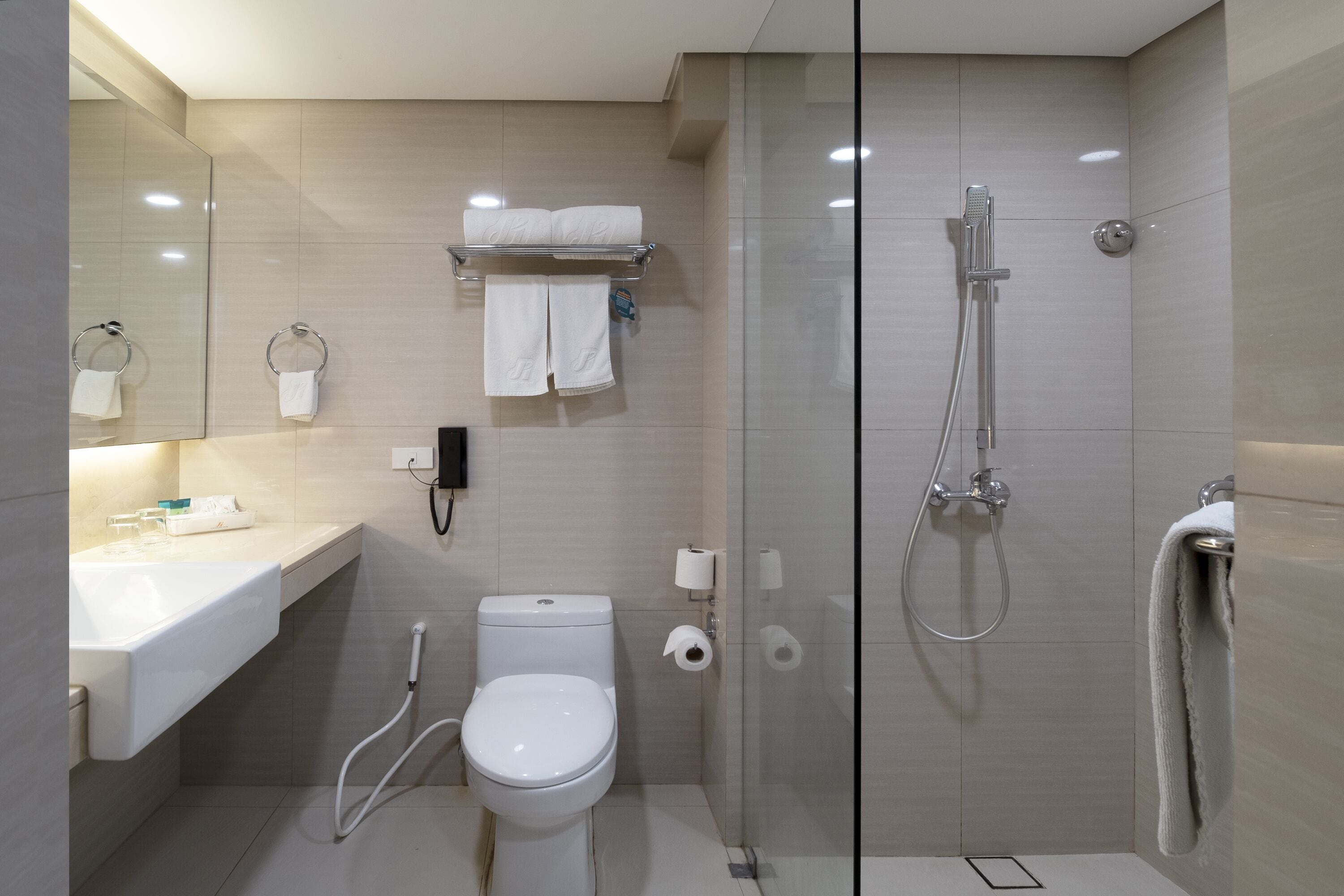A modern bathroom with a glass-enclosed shower, a toilet, a sink, and a mirror.