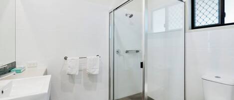 A modern bathroom with a glass shower enclosure, a white sink, and a toilet.