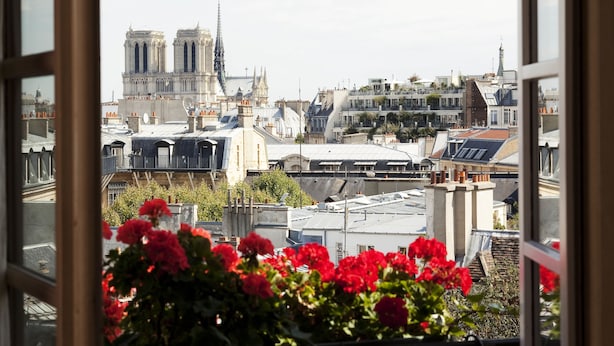 A view of the Notre Dame Cathedral from a window overlooking a cityscape with modern buildings and red flowers in the foreground. - Hôtel Left Bank Saint Germain (Paris)