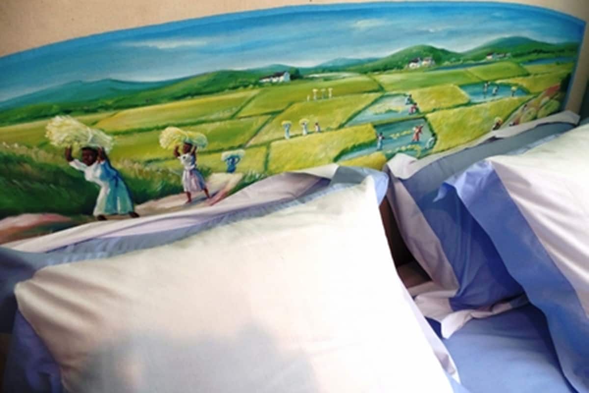 A mural of a rural landscape with fields and houses.