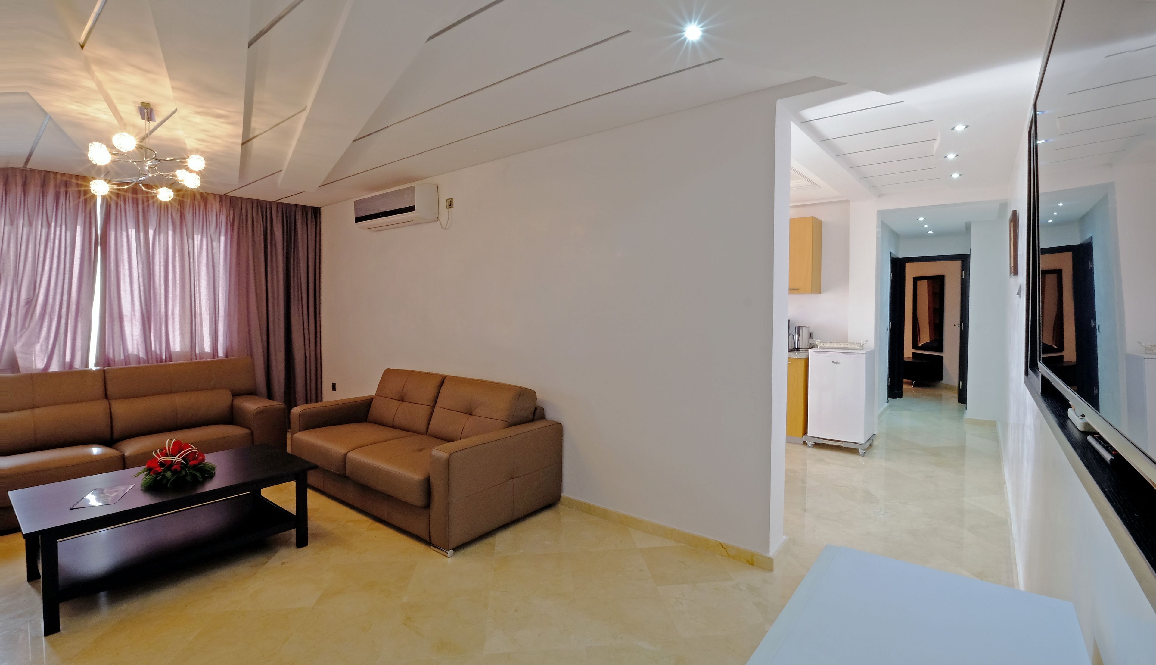 Una sala de estar moderna con un sofá, una mesita de centro y una lámpara de techo.