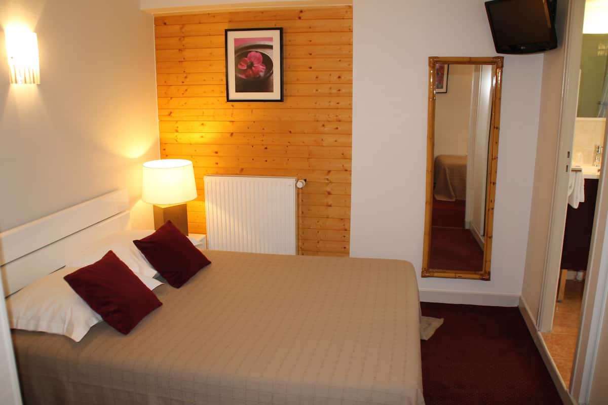A hotel room with a bed, a nightstand, a lamp, a wooden wall, a framed picture, a mirror, and a television.