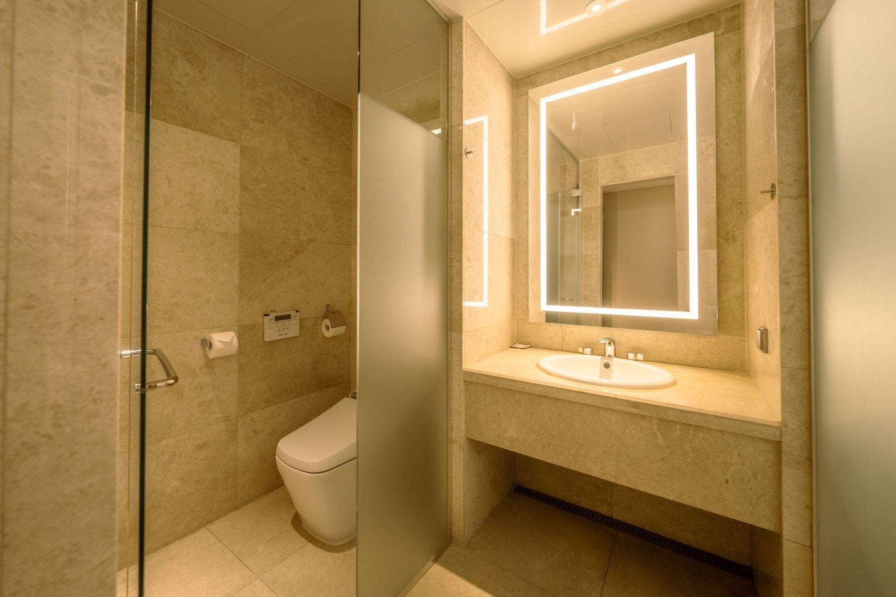 A modern bathroom with a glass shower enclosure, a toilet, a sink with a mirror, and a wall-mounted toilet paper dispenser.