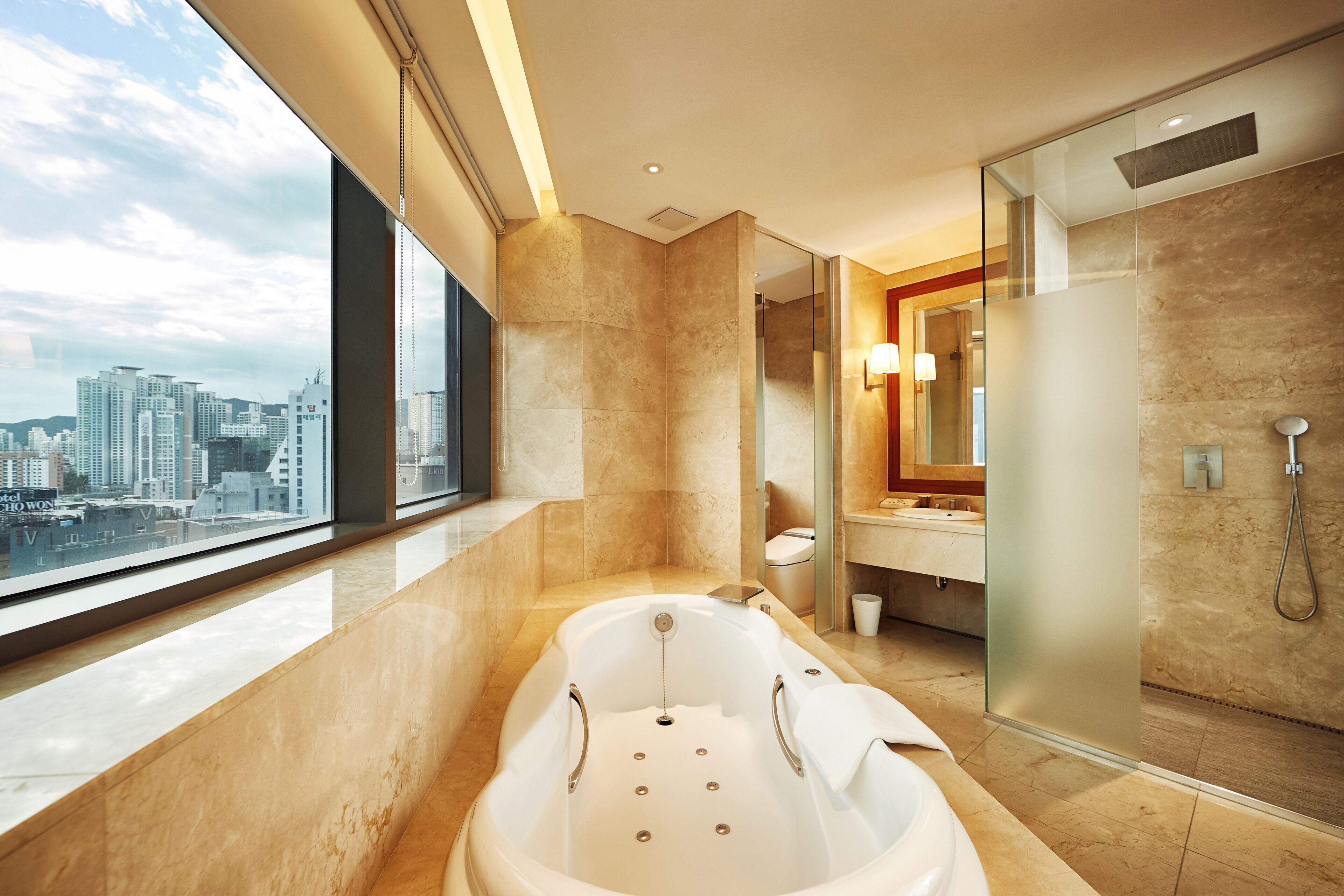 shower, rainfall showerhead, hair dryer, bathrobes