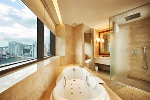 Shower, rainfall showerhead, hair dryer, bathrobes