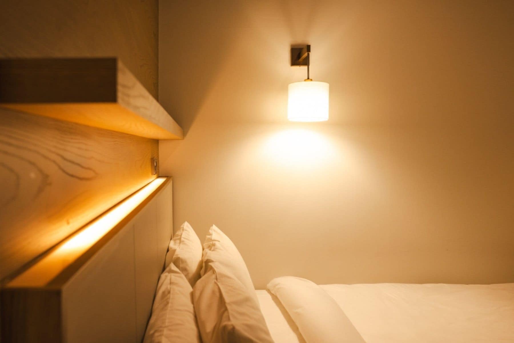 Quarto de hotel com uma cama, uma mesa de cabeceira e uma luminária na parede.