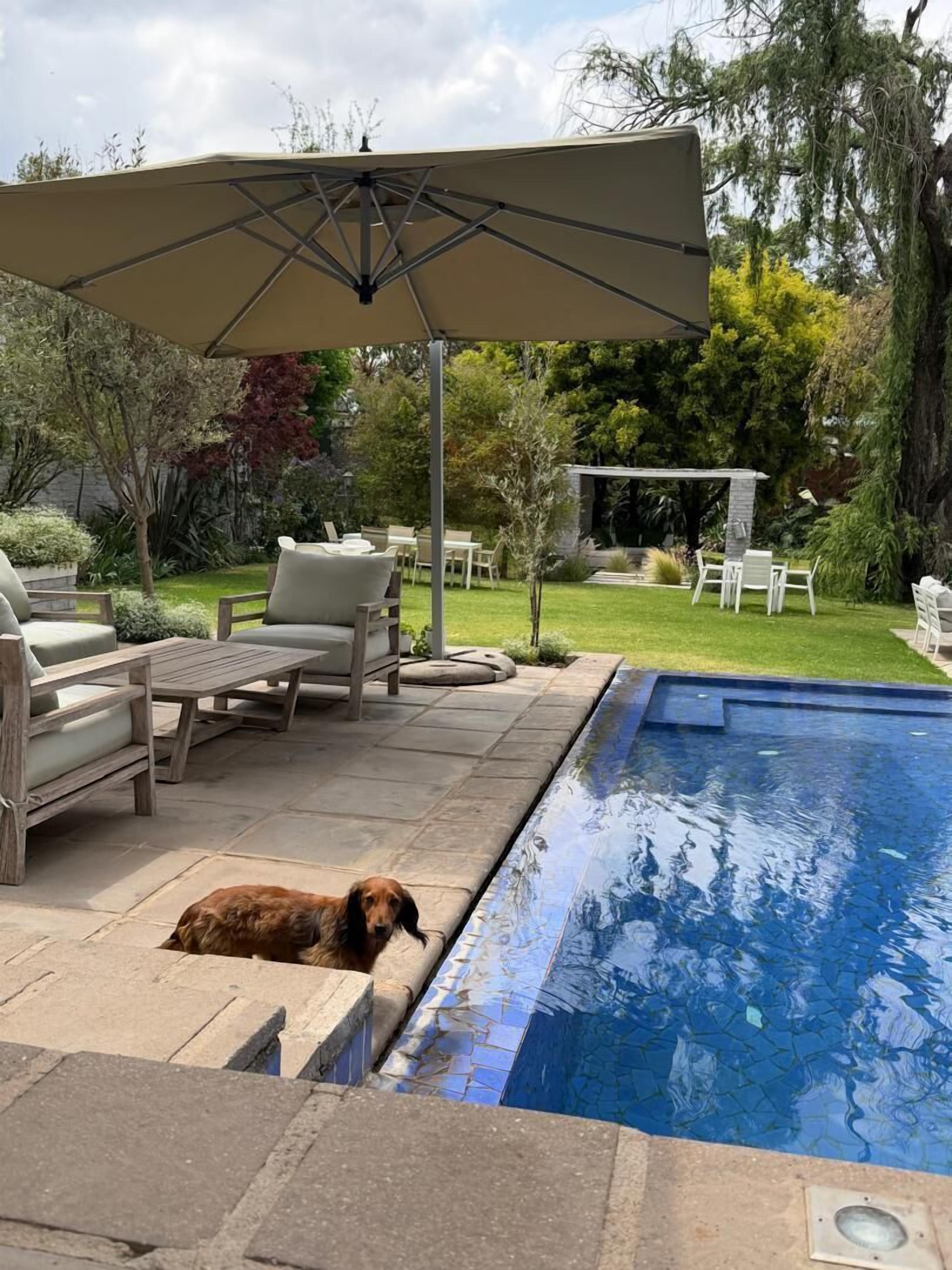 Een buitenzwembad, parasols voor strand/zwembad