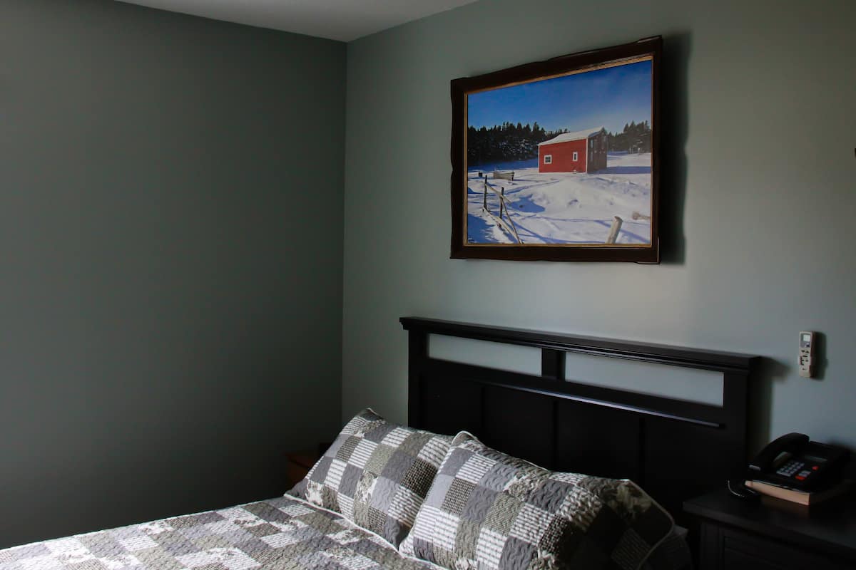 A bedroom with a bed, a headboard, a bedside table with a phone, and a painting of a snowy landscape on the wall.