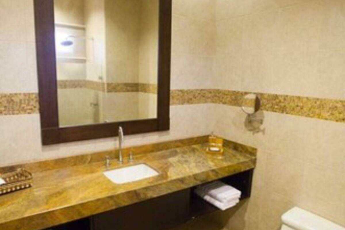 shower, rainfall showerhead, hair dryer, towels