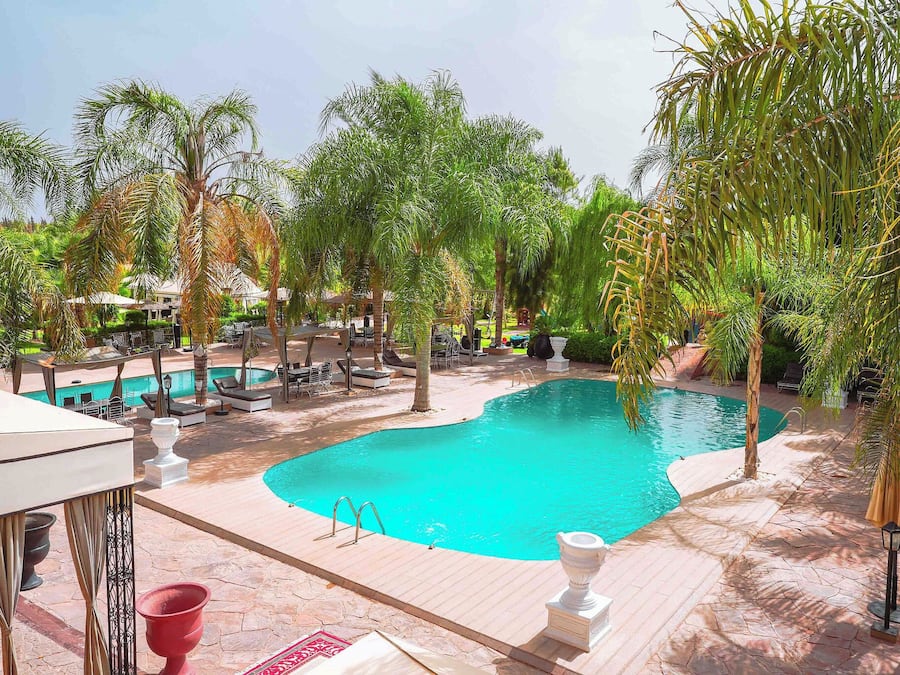 Outdoor pool, pool umbrellas, pool loungers