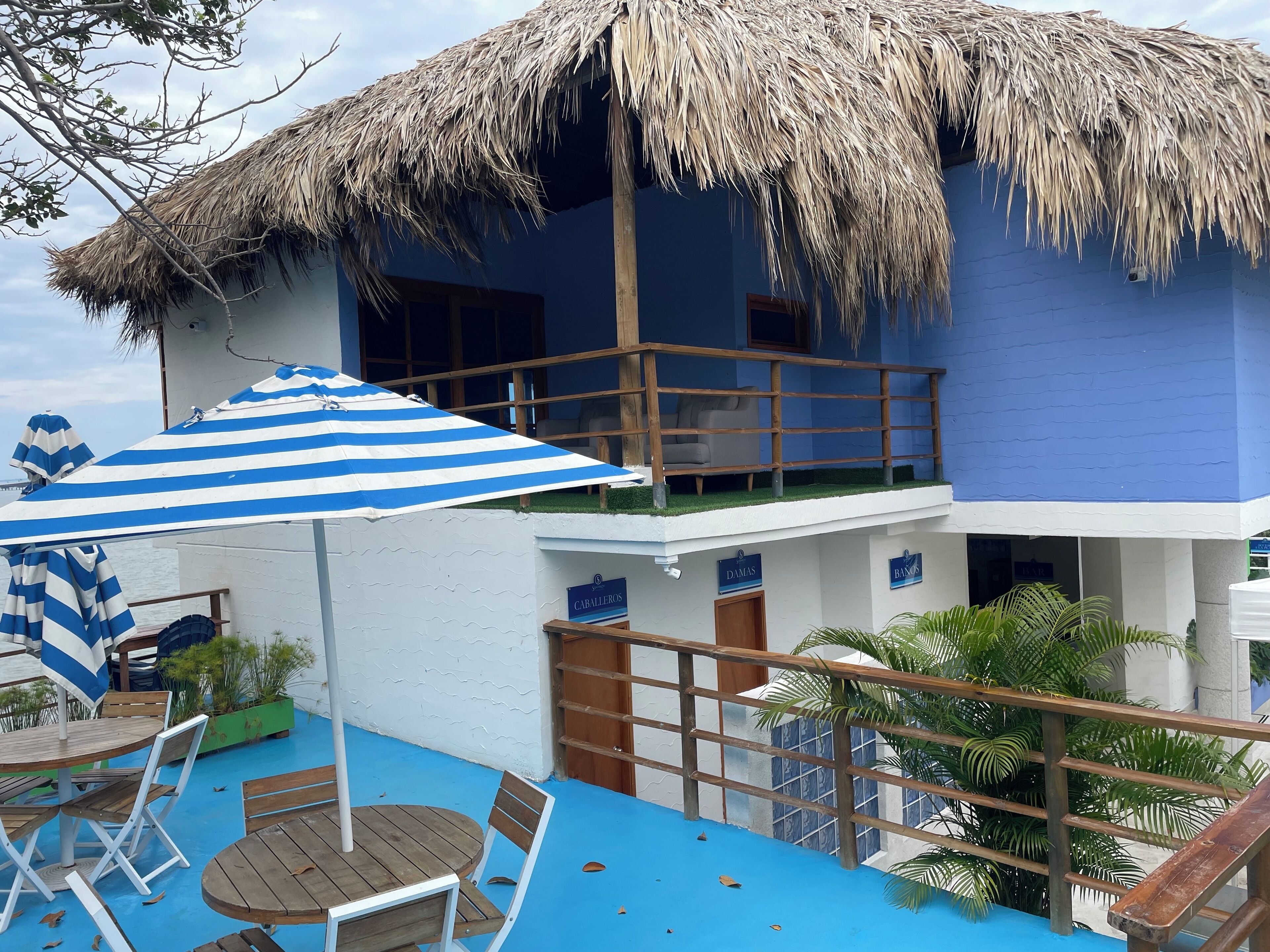 A building with a thatched roof and a blue exterior.