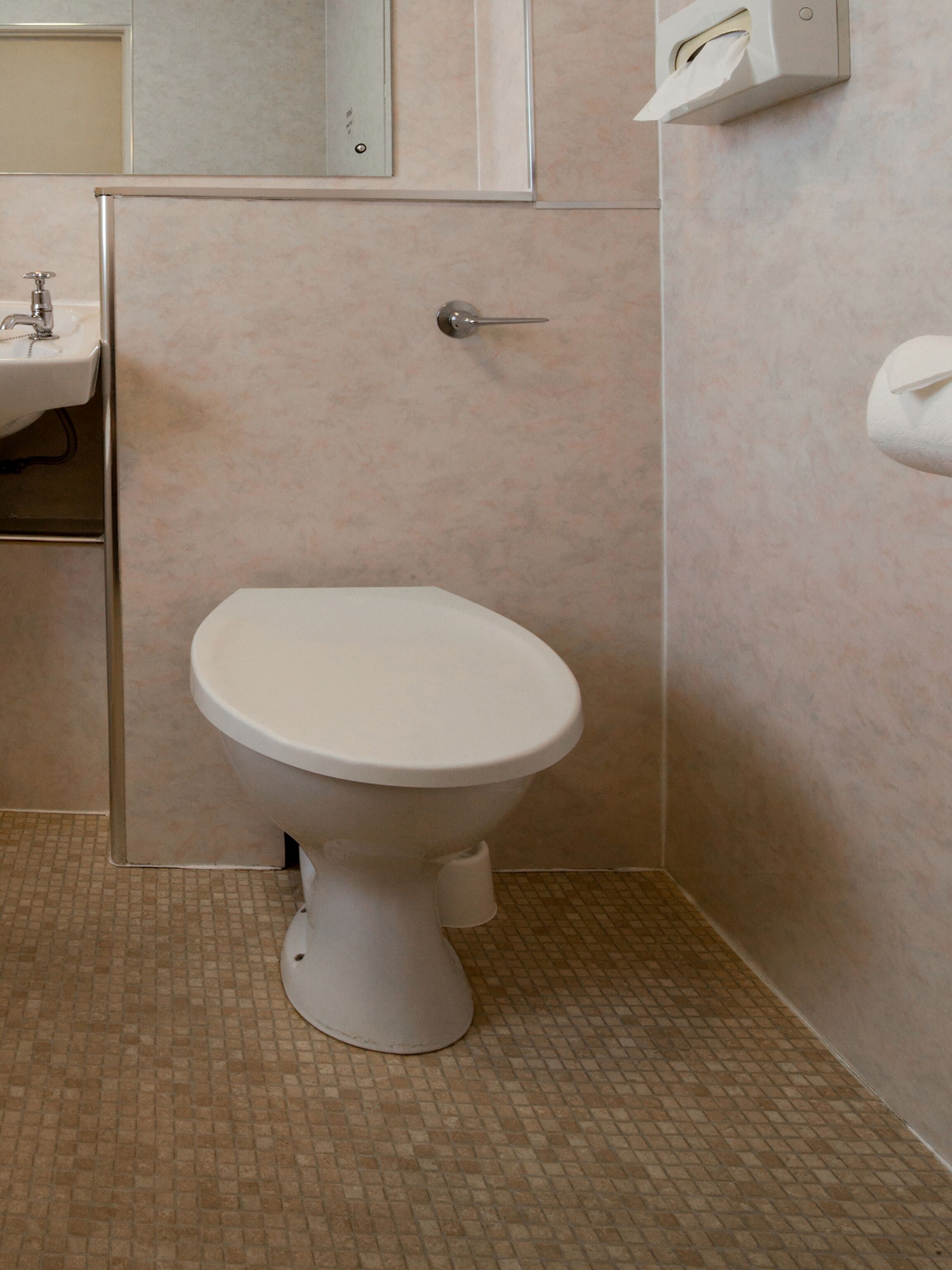 A bathroom with a toilet, a sink, and a mirror.
