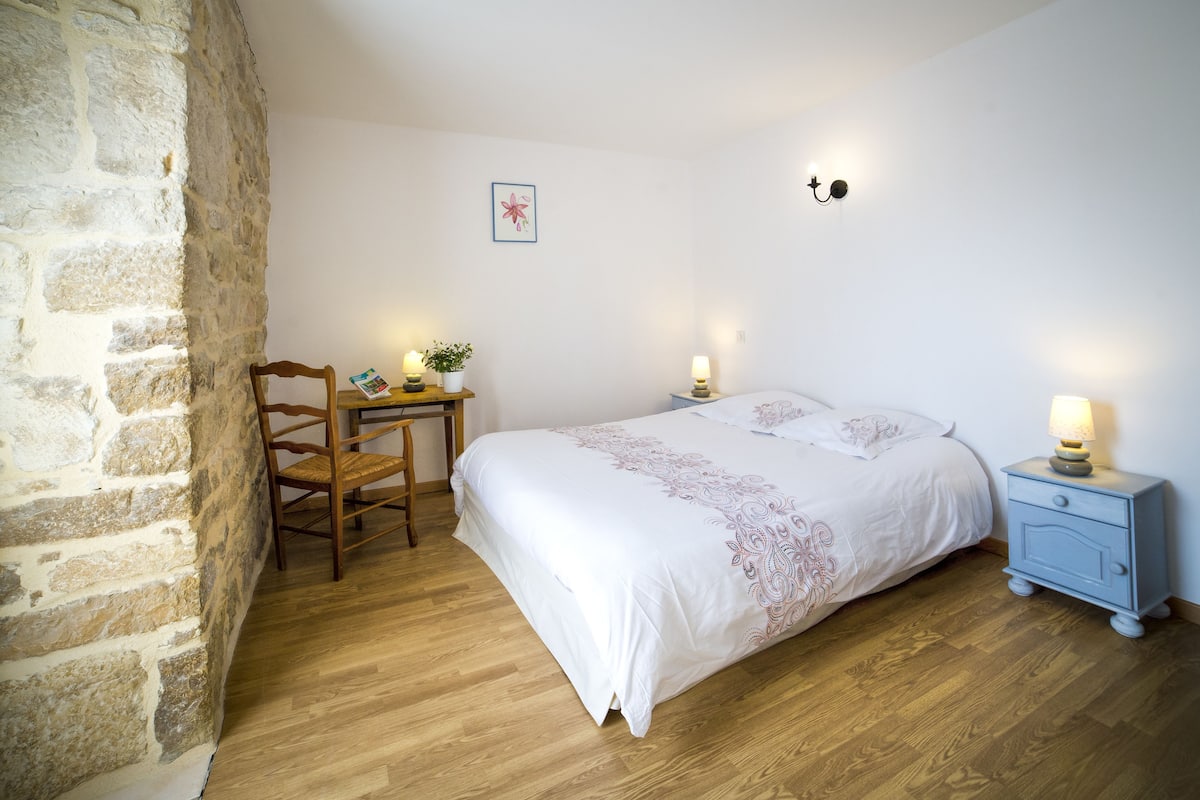 Un dormitorio con suelo de madera, una cama con colcha blanca y rosa, una silla de madera, una mesita con una planta, una mesita de noche con una lámpara y una pared de piedra.