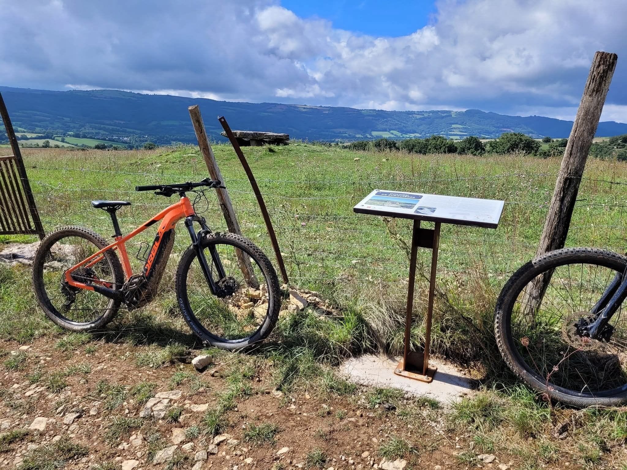 A mountain bike leaning against a wooden post with a signpost in a grassy field.